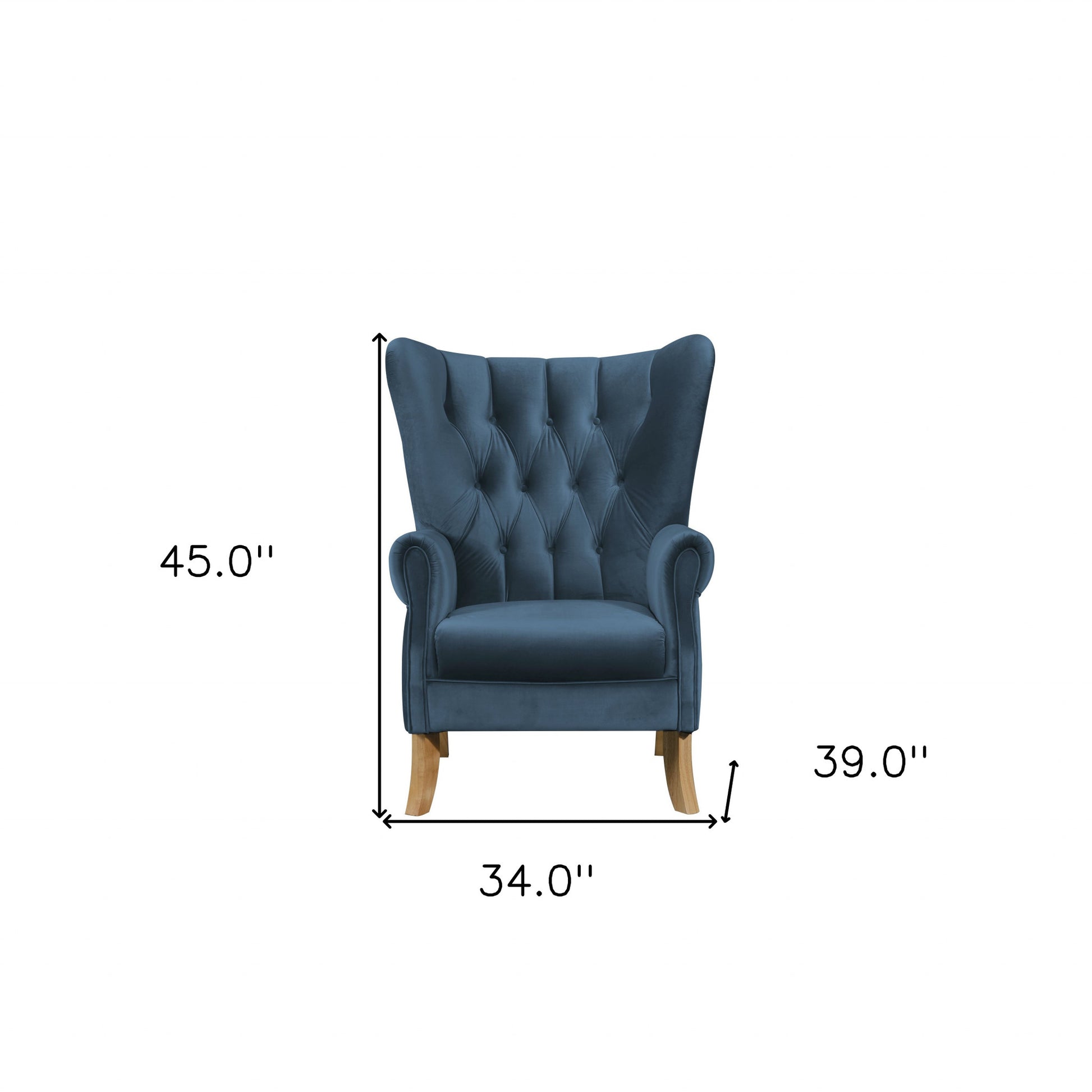 34" Azure Blue Velvet And Brown Solid Color Wingback Chair By Homeroots | Armchairs | Modishstore - 7