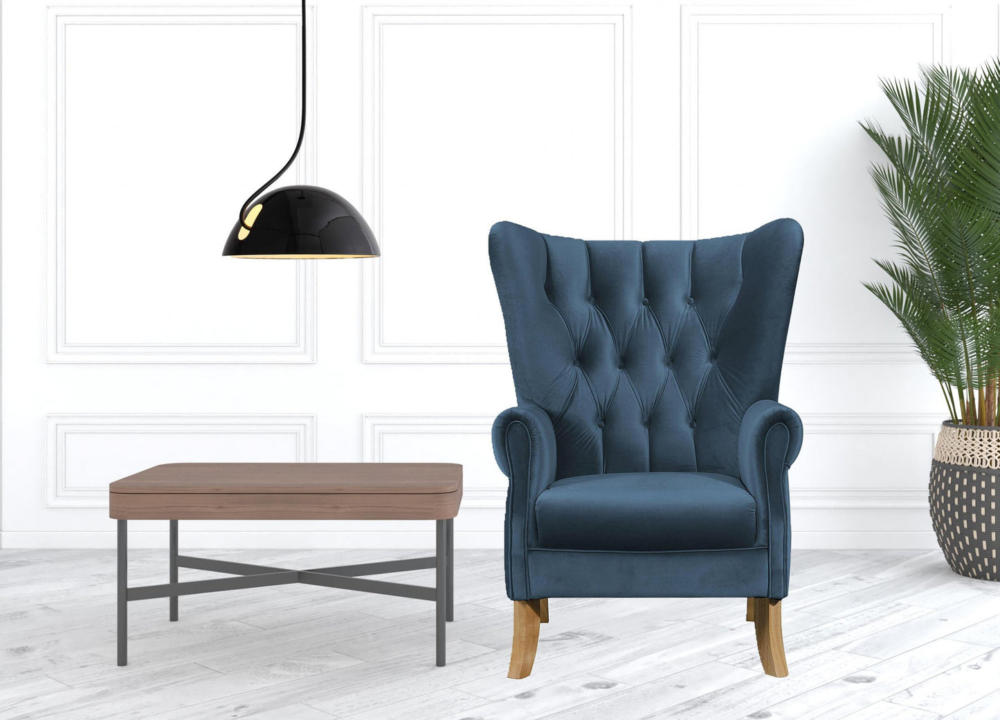 34" Azure Blue Velvet And Brown Solid Color Wingback Chair By Homeroots | Armchairs | Modishstore - 3
