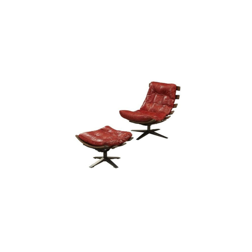 27" Red And Brown Top Grain Leather Tufted Swivel Lounge Chair With Ottoman By Homeroots | Armchairs | Modishstore - 4