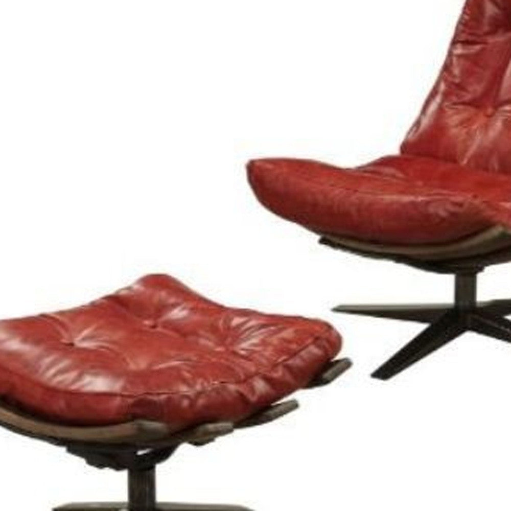 27" Red And Brown Top Grain Leather Tufted Swivel Lounge Chair With Ottoman By Homeroots | Armchairs | Modishstore - 5