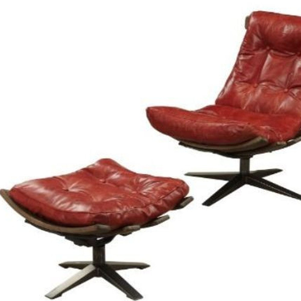 27" Red And Brown Top Grain Leather Tufted Swivel Lounge Chair With Ottoman By Homeroots | Armchairs | Modishstore - 6
