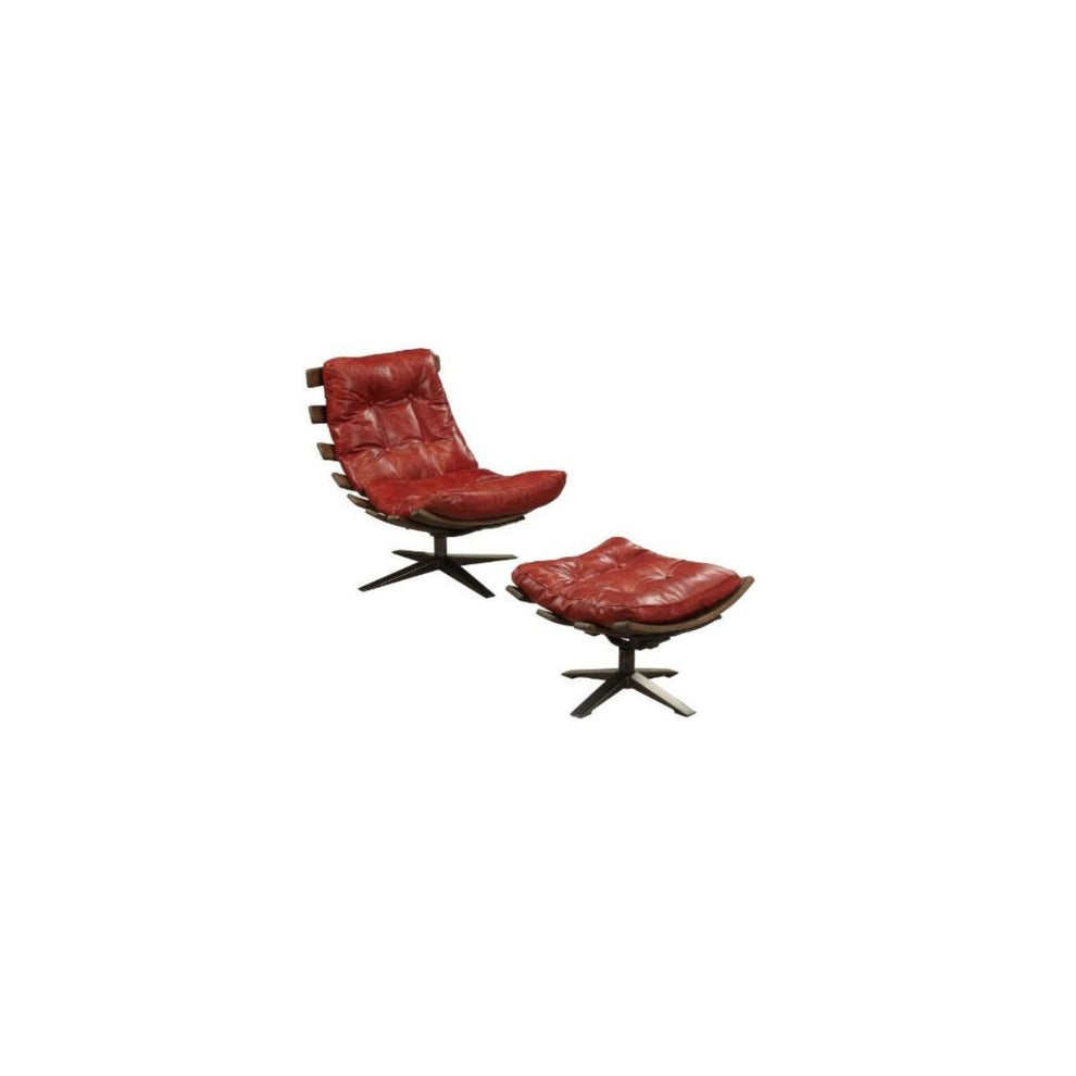 27" Red And Brown Top Grain Leather Tufted Swivel Lounge Chair With Ottoman By Homeroots | Armchairs | Modishstore - 3