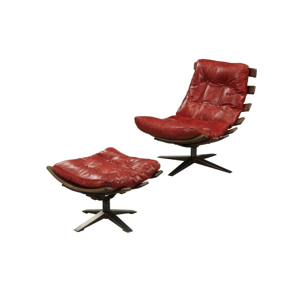 27" Red And Brown Top Grain Leather Tufted Swivel Lounge Chair With Ottoman By Homeroots | Armchairs | Modishstore