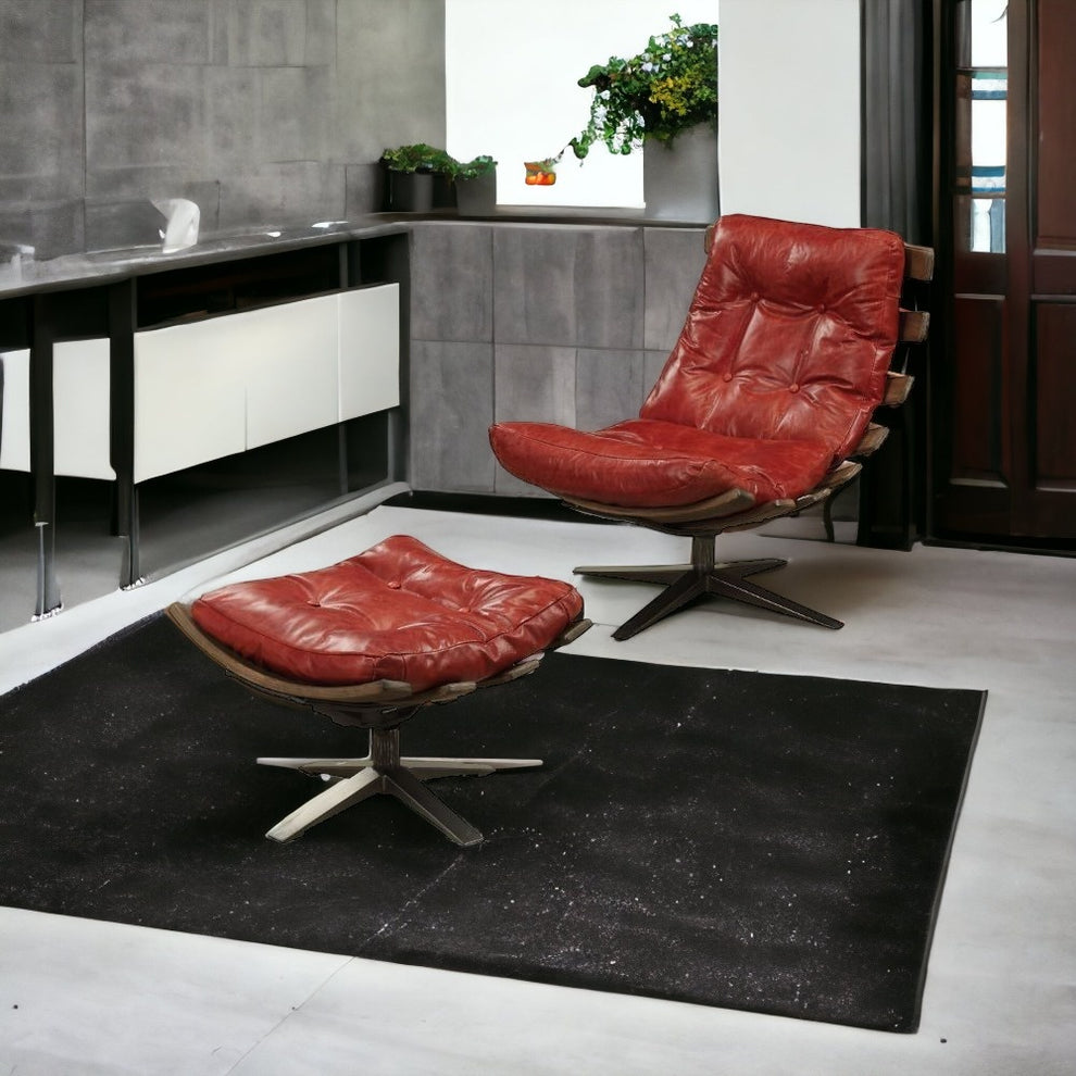 27" Red And Brown Top Grain Leather Tufted Swivel Lounge Chair With Ottoman By Homeroots | Armchairs | Modishstore - 2