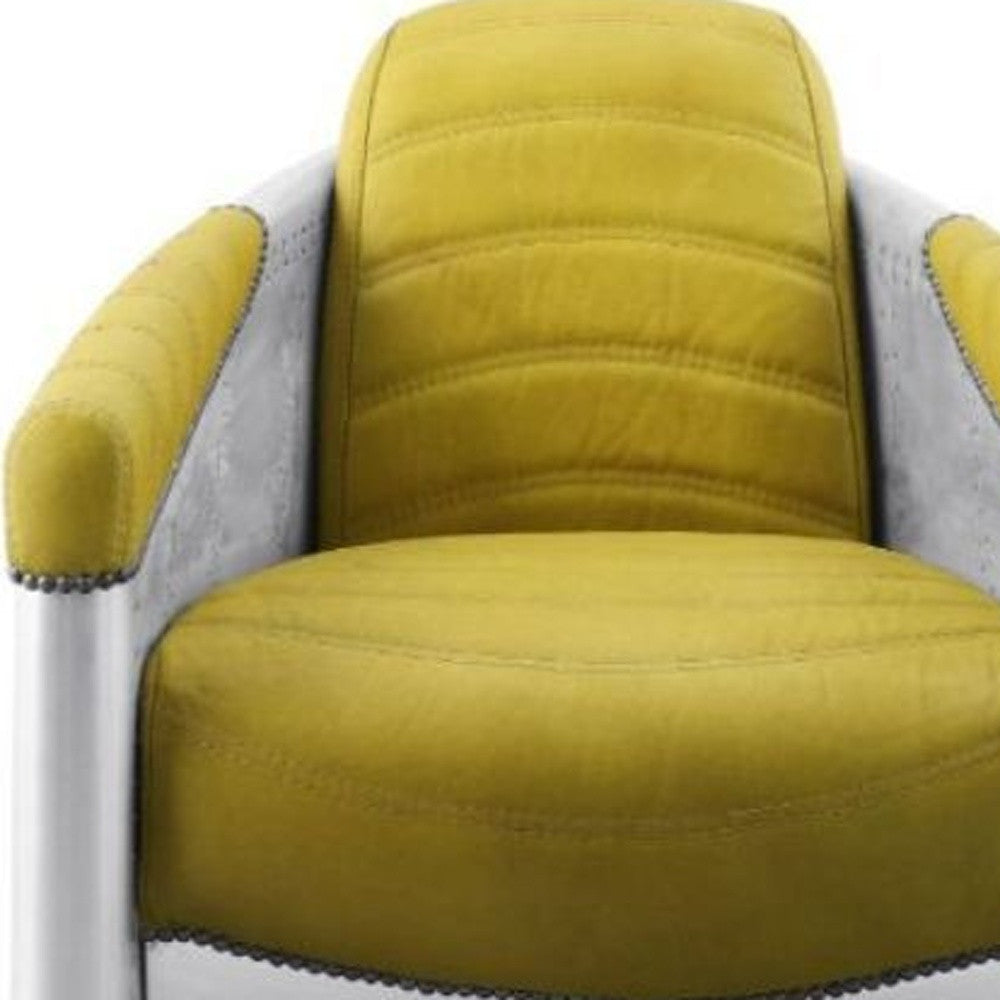 28" Yellow Top Grain Leather And Steel Barrel Chair By Homeroots | Armchairs | Modishstore - 3