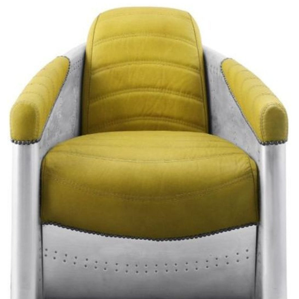 28" Yellow Top Grain Leather And Steel Barrel Chair By Homeroots | Armchairs | Modishstore - 4