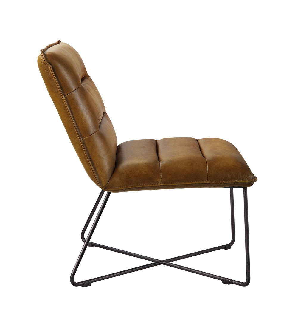 26" Saddle Brown Top Grain Leather And Brown Solid Color Slipper Chair By Homeroots | Armchairs | Modishstore - 3