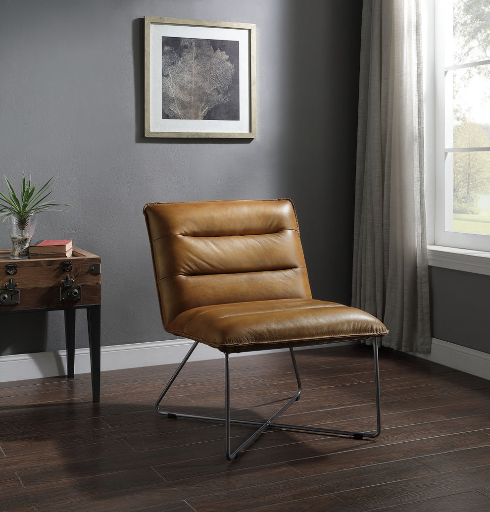 26" Saddle Brown Top Grain Leather And Brown Solid Color Slipper Chair By Homeroots | Armchairs | Modishstore - 6