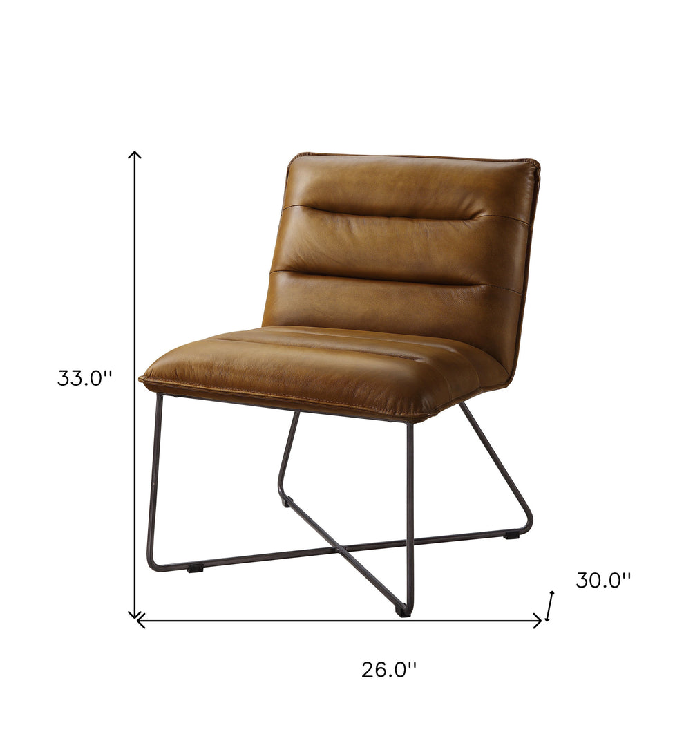 26" Saddle Brown Top Grain Leather And Brown Solid Color Slipper Chair By Homeroots | Armchairs | Modishstore - 7