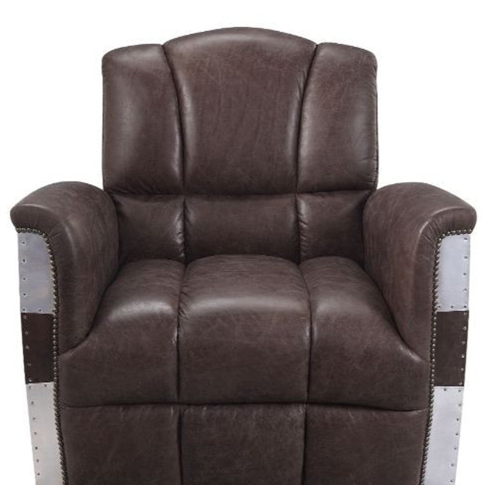 35" Retro Brown Top Grain Leather And Steel Patchwork Club Chair By Homeroots