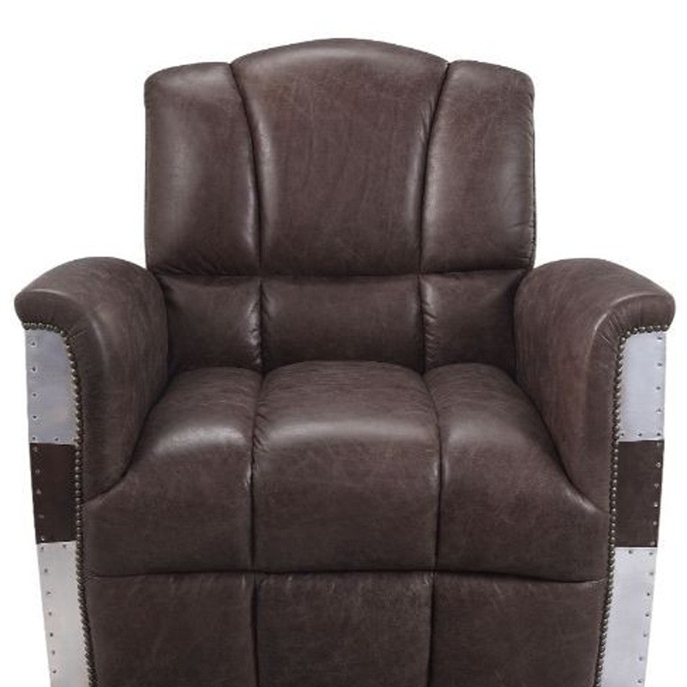 35" Retro Brown Top Grain Leather And Steel Patchwork Club Chair By Homeroots | Armchairs | Modishstore - 4
