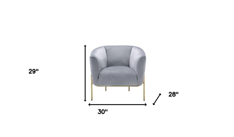 30" Gray Velvet And Gold Solid Color Barrel Chair By Homeroots | Armchairs | Modishstore - 5