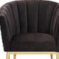 31" Black Velvet And Gold Striped Barrel Chair By Homeroots