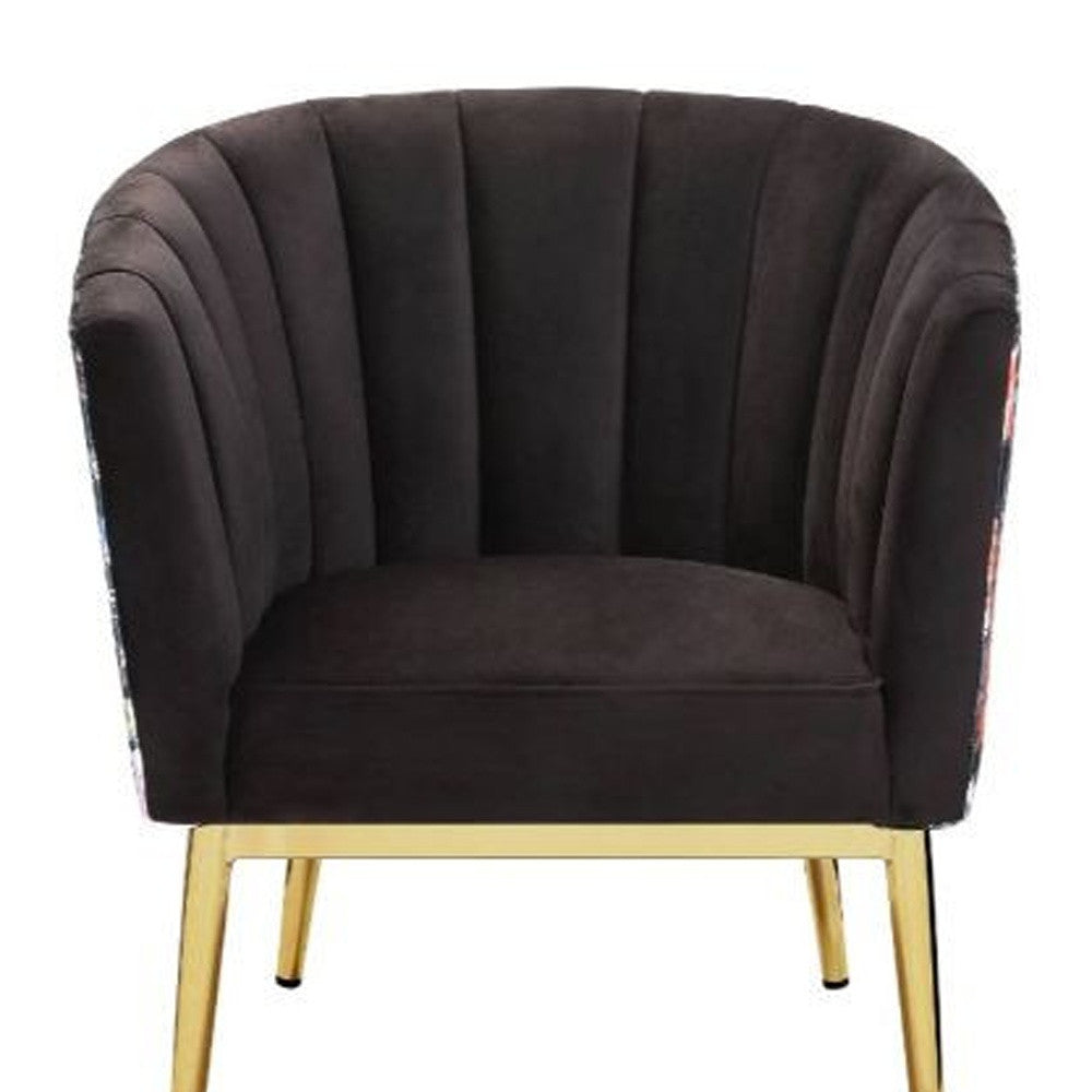 31" Black Velvet And Gold Striped Barrel Chair By Homeroots
