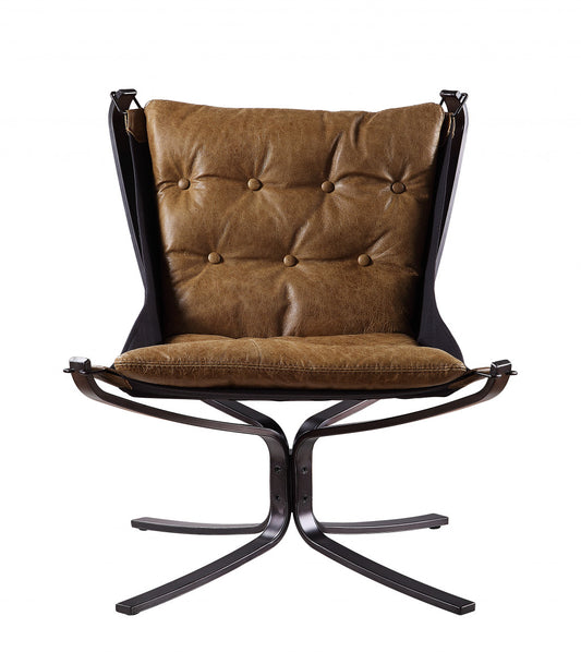 30" Coffee Top Grain Leather And Steel Solid Color Lounge Chair By Homeroots
