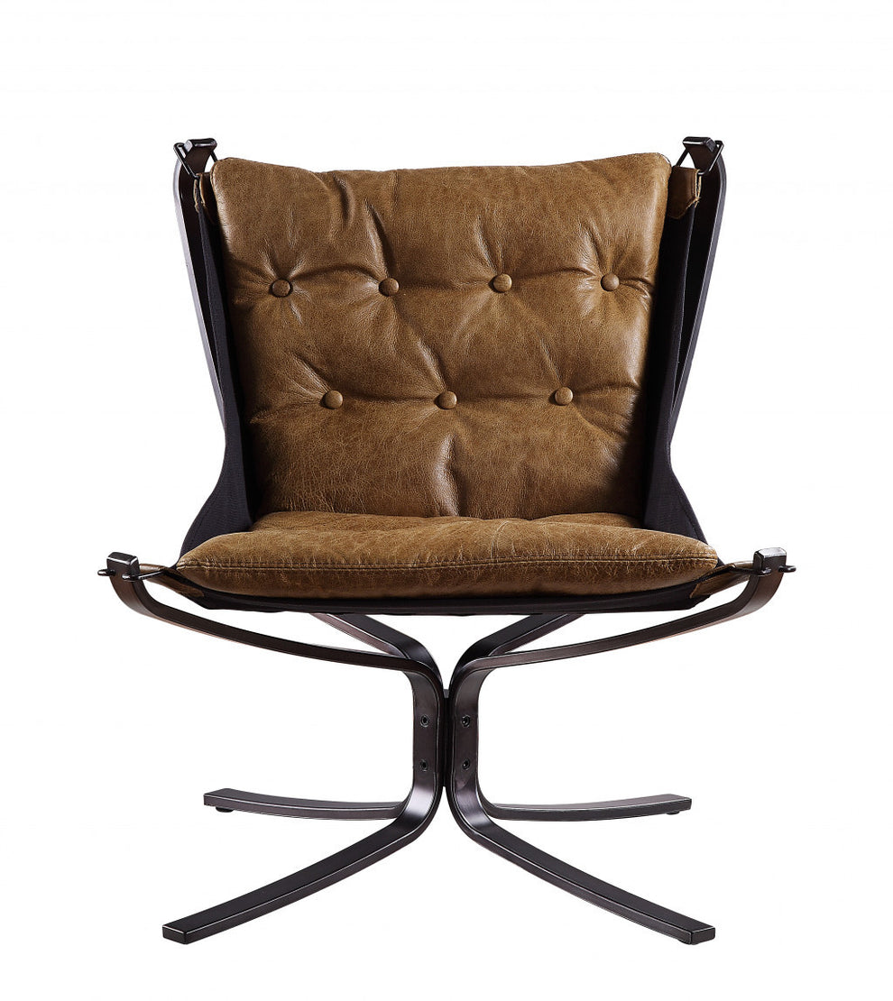 30" Coffee Top Grain Leather And Steel Solid Color Lounge Chair By Homeroots | Armchairs | Modishstore - 3