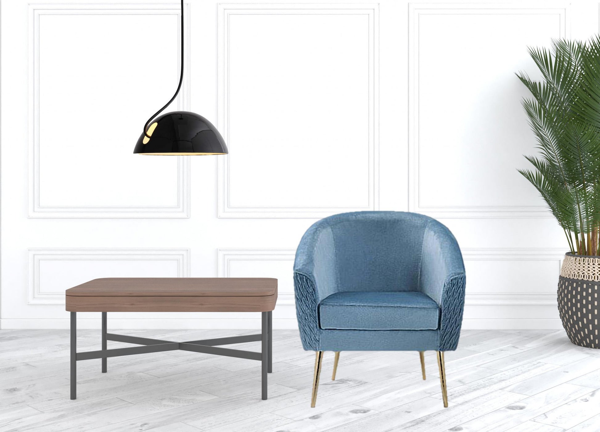 28" Blue Velvet And Gold Ikat Barrel Chair By Homeroots | Armchairs | Modishstore - 2