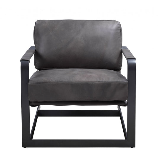 28" Gray Black Top Grain Leather And Steel Solid Color Arm Chair By Homeroots