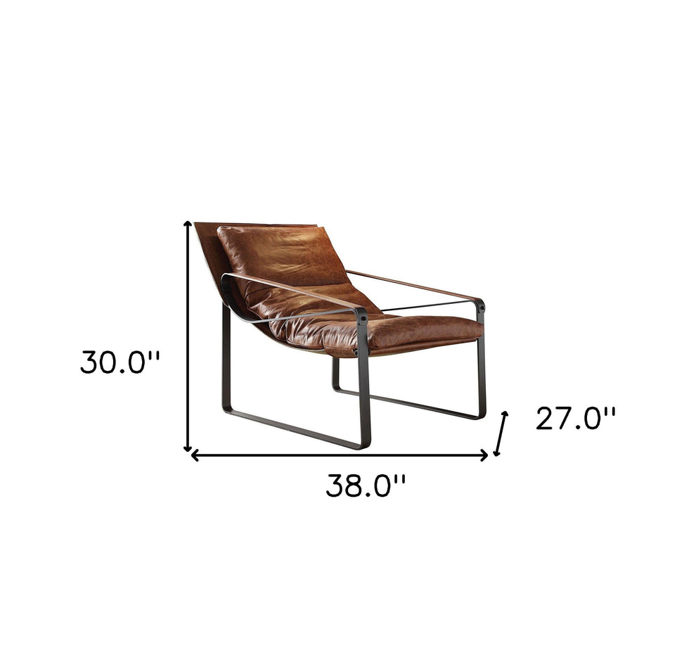 27" Brown Top Grain Leather And Steel Lounge Chair By Homeroots | Armchairs | Modishstore - 7