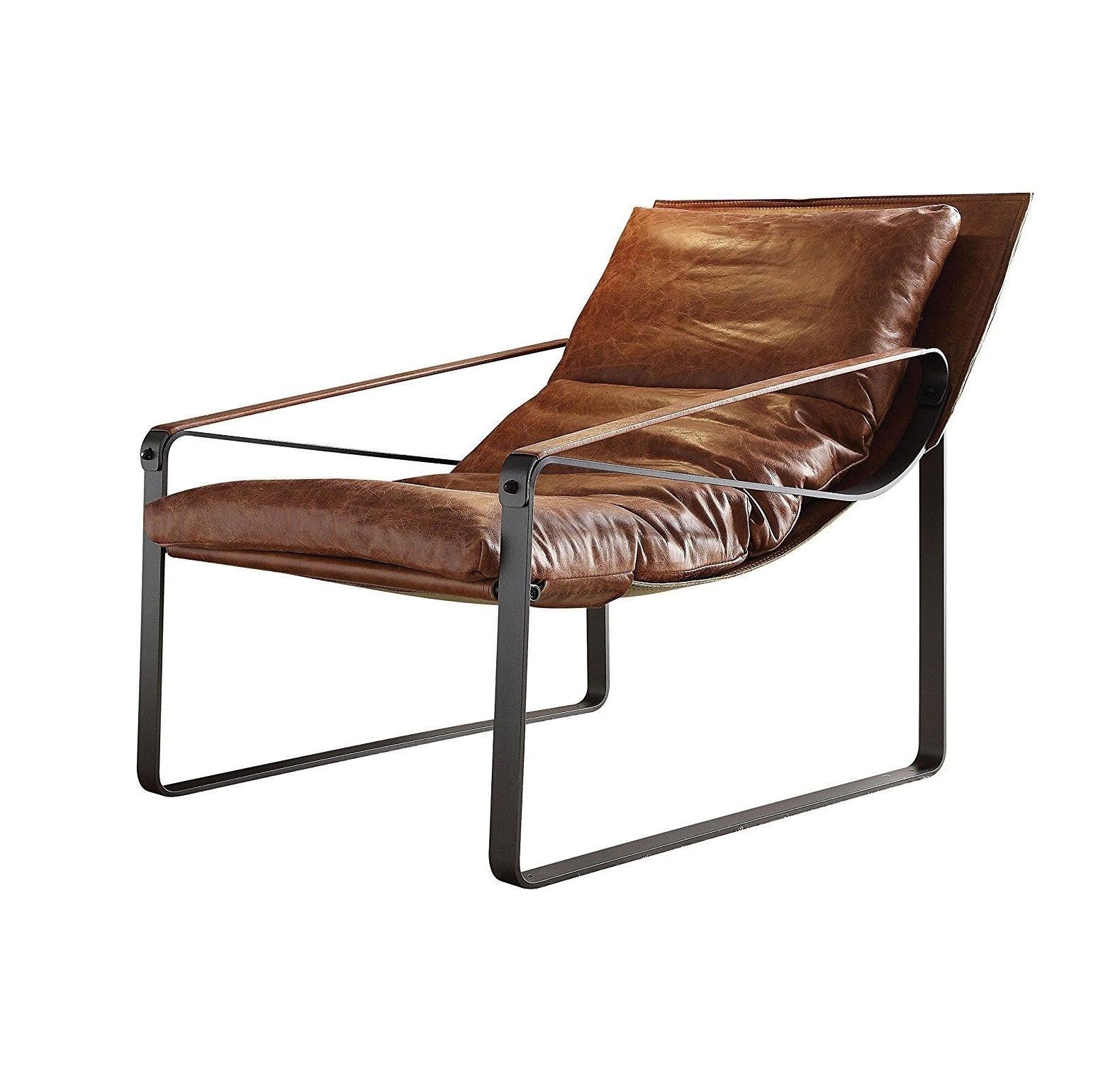 27" Brown Top Grain Leather And Steel Lounge Chair By Homeroots | Armchairs | Modishstore - 3