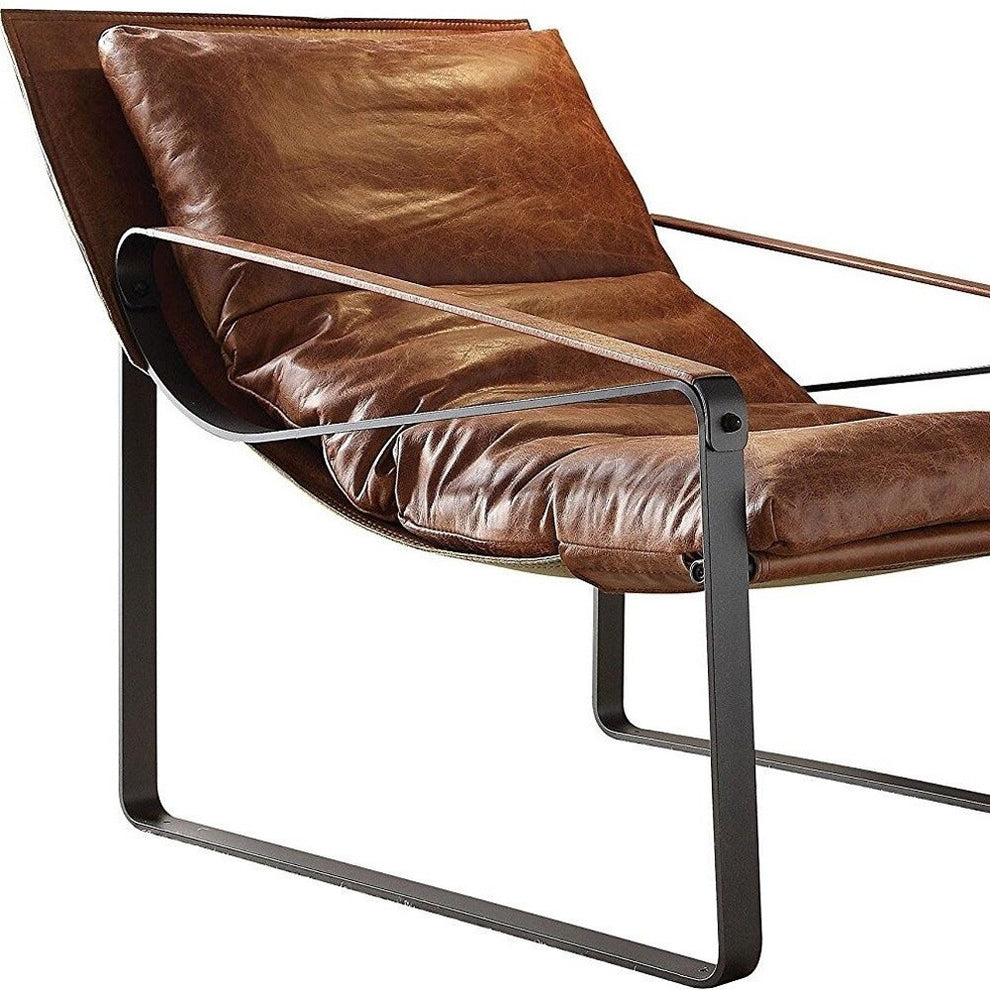 27" Brown Top Grain Leather And Steel Lounge Chair By Homeroots | Armchairs | Modishstore - 4