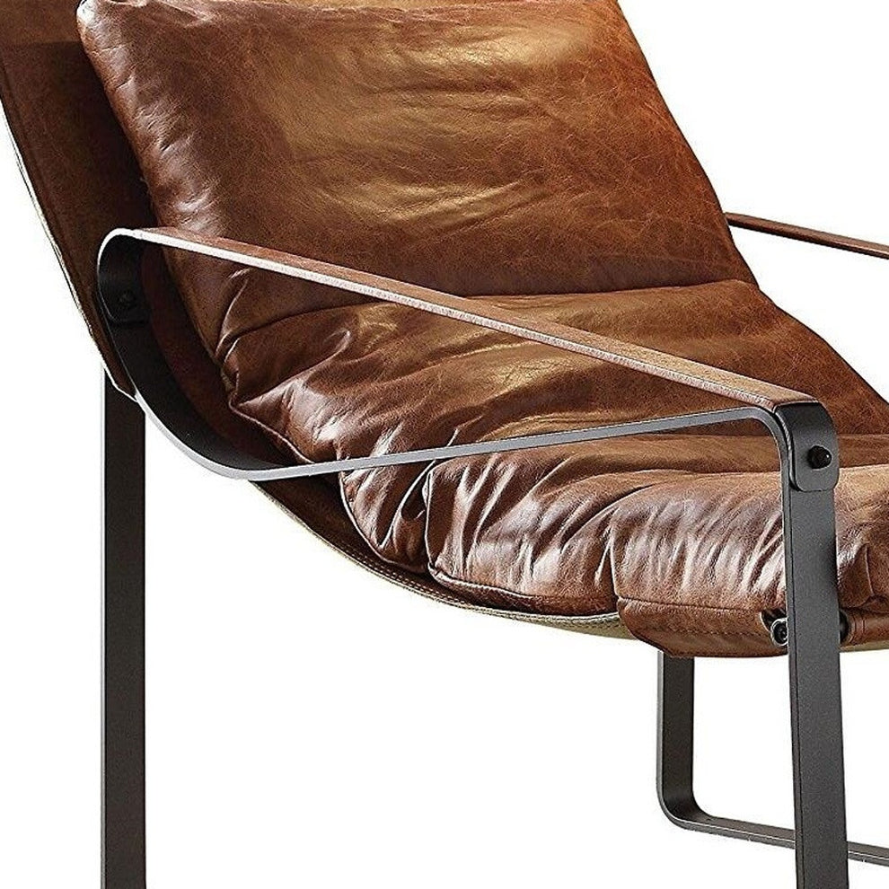 27" Brown Top Grain Leather And Steel Lounge Chair By Homeroots | Armchairs | Modishstore - 5