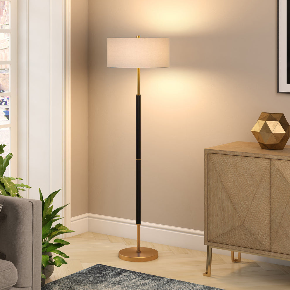 61" Black and Brass Two Light Floor Lamp With White Drum Shade By Homeroots | Floor Lamps | Modishstore - 6
