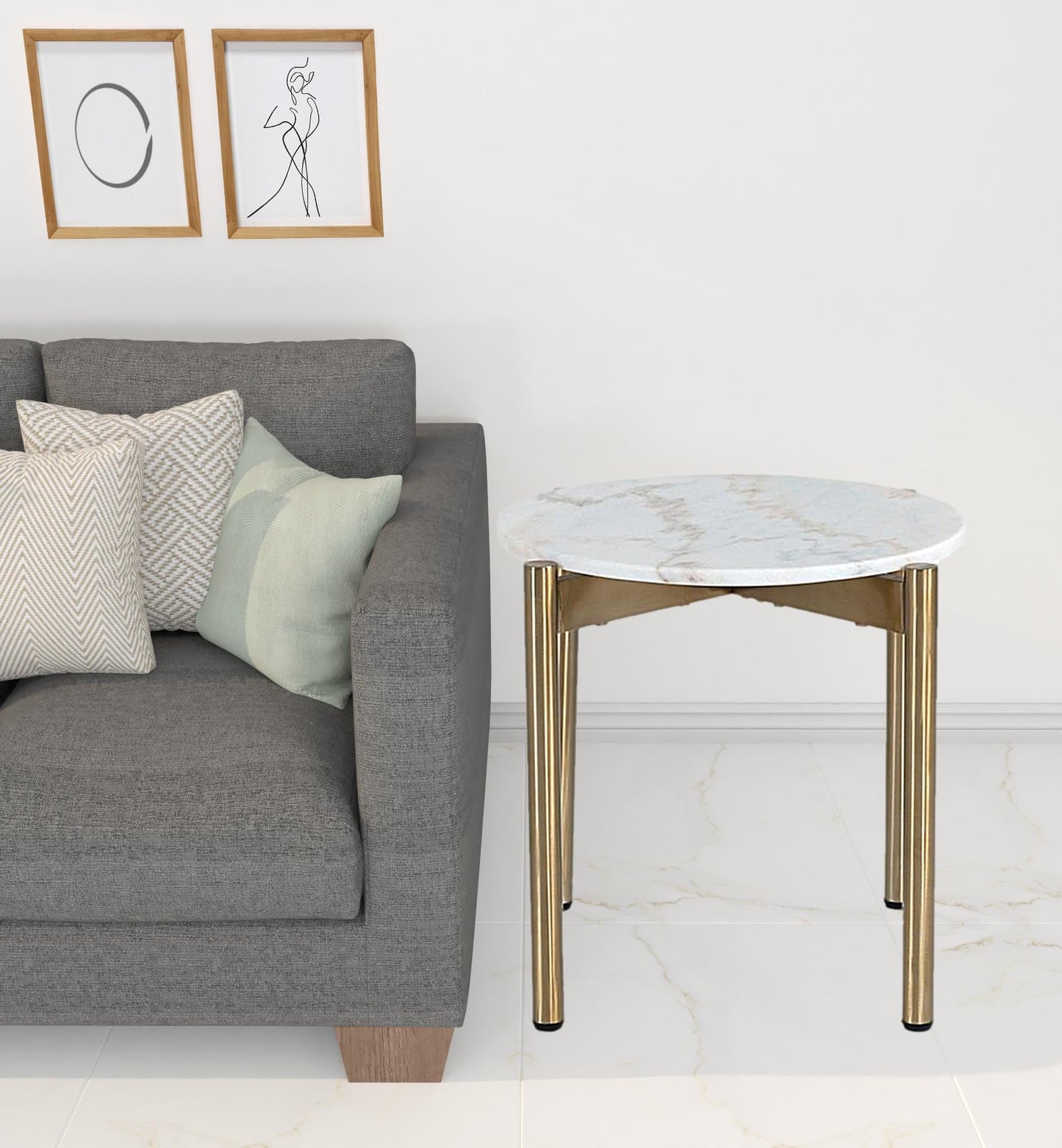 22" Gold And White Marble Round End Table By Homeroots | End Tables | Modishstore - 3