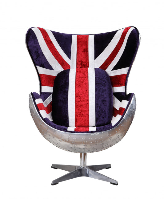 33" Red White and Blue Velvet And Silver Great Britain Flag Swivel Lounge Chair By Homeroots | Armchairs | Modishstore