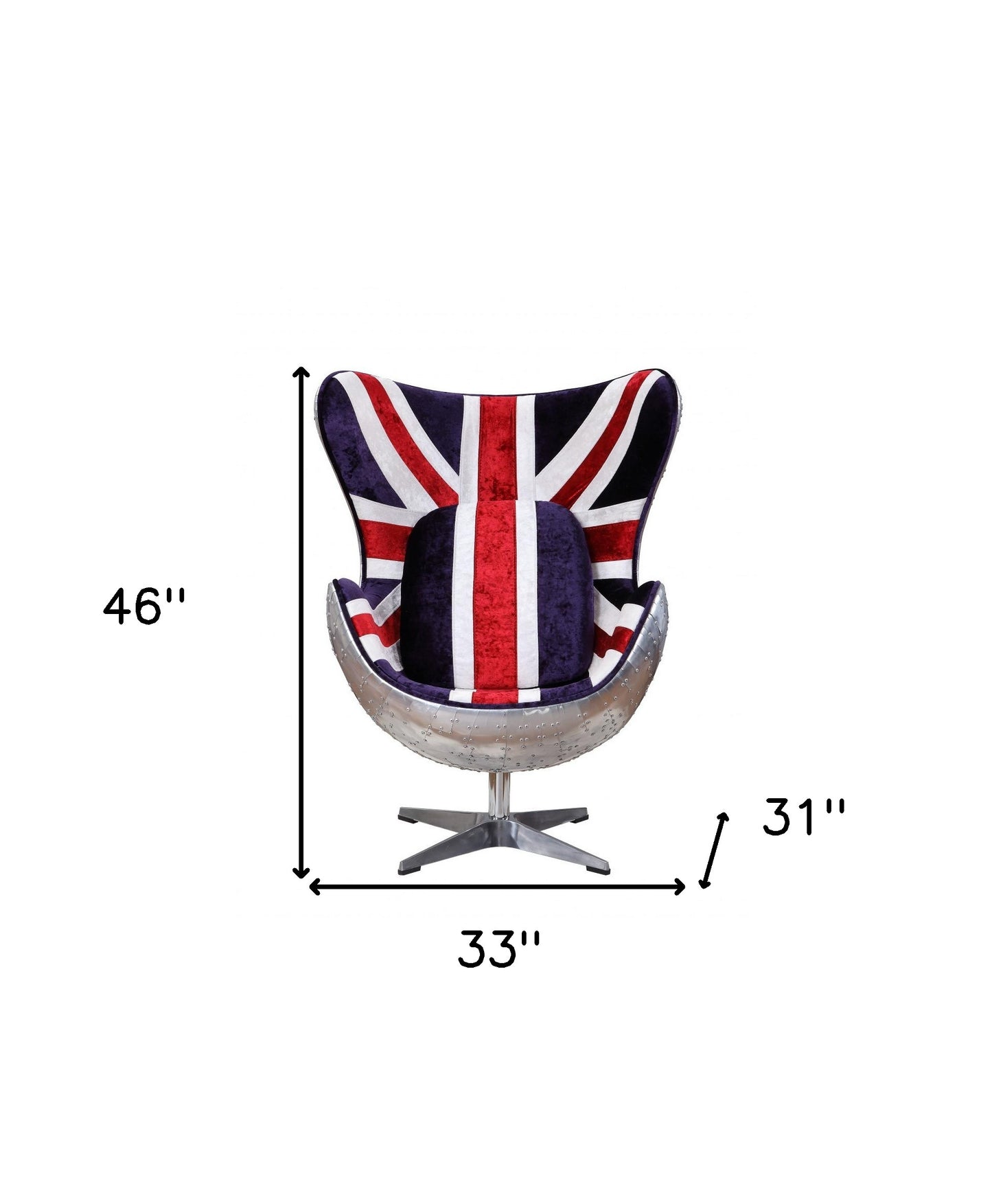 33" Red White and Blue Velvet And Silver Great Britain Flag Swivel Lounge Chair By Homeroots | Armchairs | Modishstore - 5