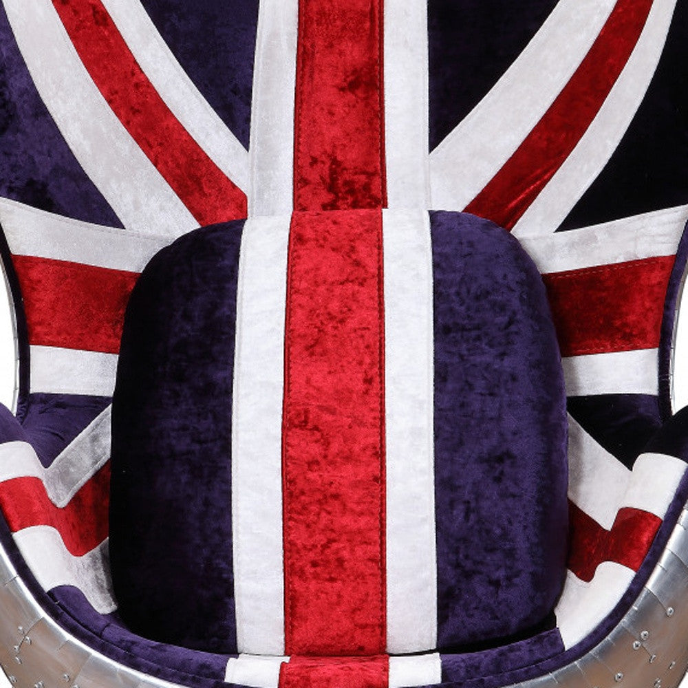 33" Red White and Blue Velvet And Silver Great Britain Flag Swivel Lounge Chair By Homeroots | Armchairs | Modishstore - 3