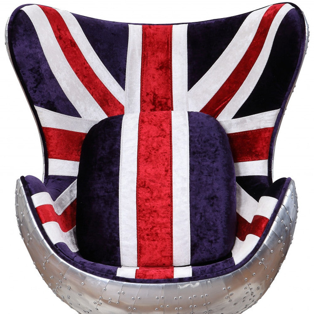 33" Red White and Blue Velvet And Silver Great Britain Flag Swivel Lounge Chair By Homeroots | Armchairs | Modishstore - 4