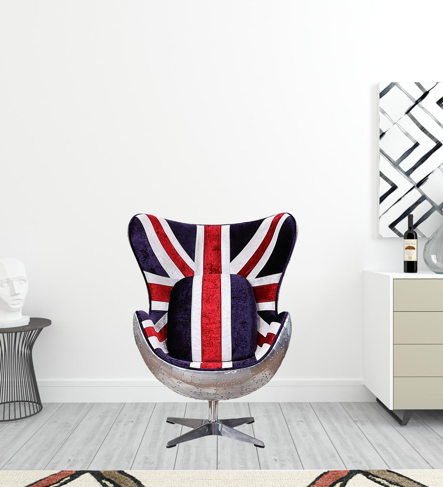 33" Red White and Blue Velvet And Silver Great Britain Flag Swivel Lounge Chair By Homeroots | Armchairs | Modishstore - 2