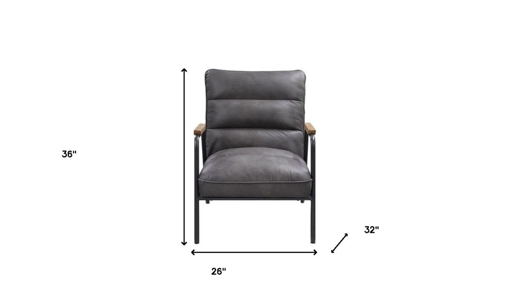 26" Gray Top Grain Leather And Steel Solid Color Arm Chair By Homeroots | Armchairs | Modishstore - 5
