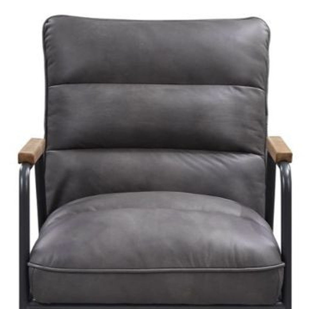 26" Gray Top Grain Leather And Steel Solid Color Arm Chair By Homeroots | Armchairs | Modishstore - 4