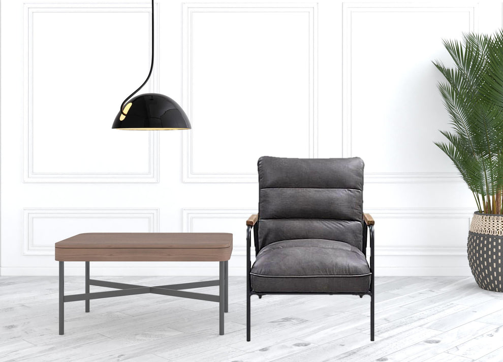 26" Gray Top Grain Leather And Steel Solid Color Arm Chair By Homeroots | Armchairs | Modishstore - 2