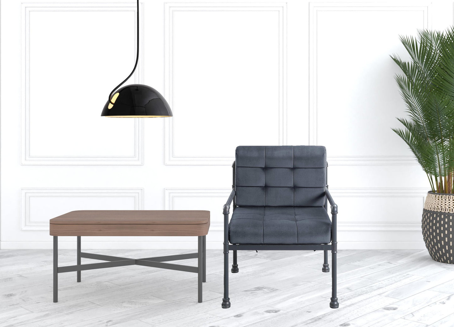 27" Gray Velvet And Steel Arm Chair By Homeroots | Armchairs | Modishstore - 2