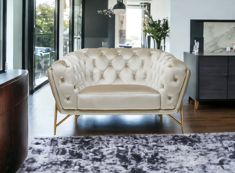 49" Beige And Gold Velvet Tufted Chesterfield Chair By Homeroots | Armchairs | Modishstore - 4