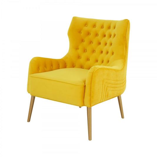 30" Yellow Velvet And Gold Solid Color Arm Chair By Homeroots