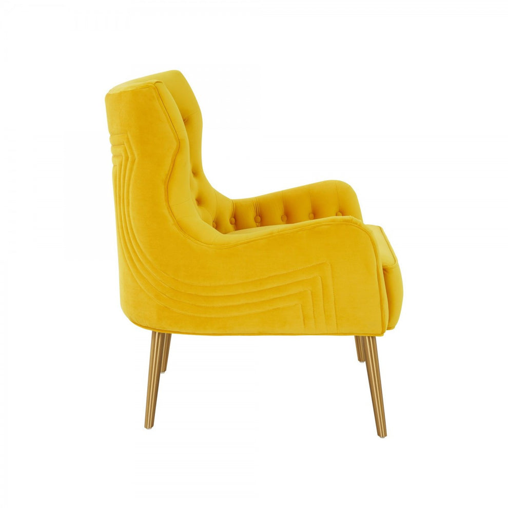 30" Yellow Velvet And Gold Solid Color Arm Chair By Homeroots | Armchairs | Modishstore - 4