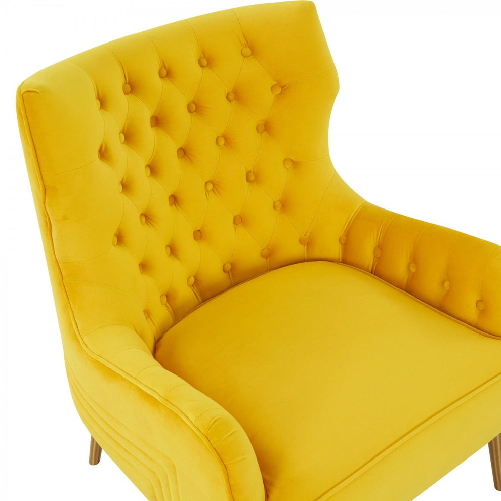 30" Yellow Velvet And Gold Solid Color Arm Chair By Homeroots | Armchairs | Modishstore - 6