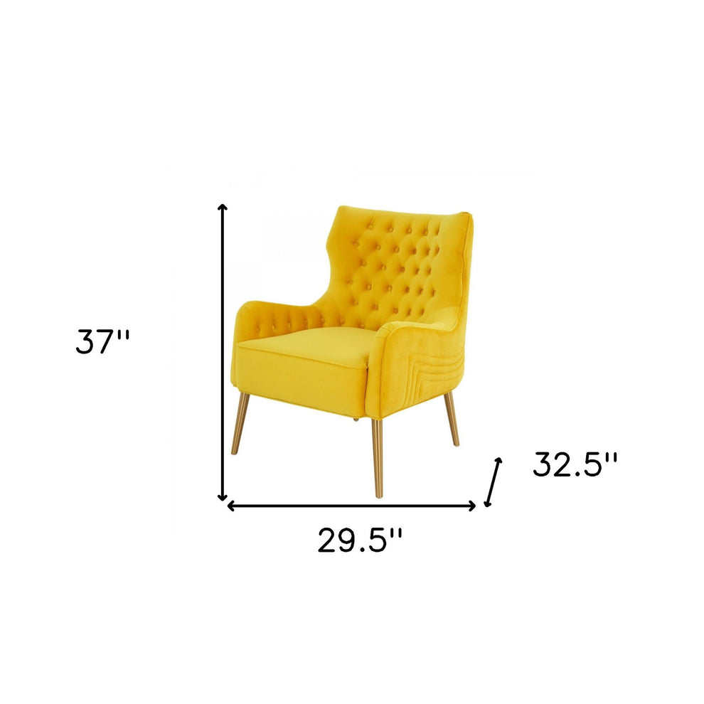 30" Yellow Velvet And Gold Solid Color Arm Chair By Homeroots | Armchairs | Modishstore - 7