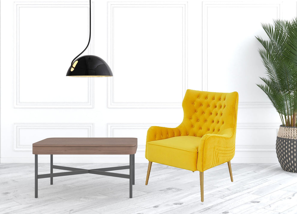30" Yellow Velvet And Gold Solid Color Arm Chair By Homeroots | Armchairs | Modishstore - 5