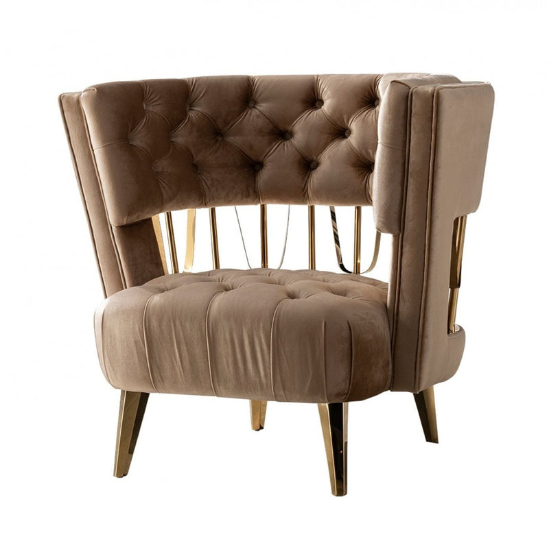 38" Dark Beige Velvet And Gold Exposed Back Accent Chair By Homeroots | Armchairs | Modishstore