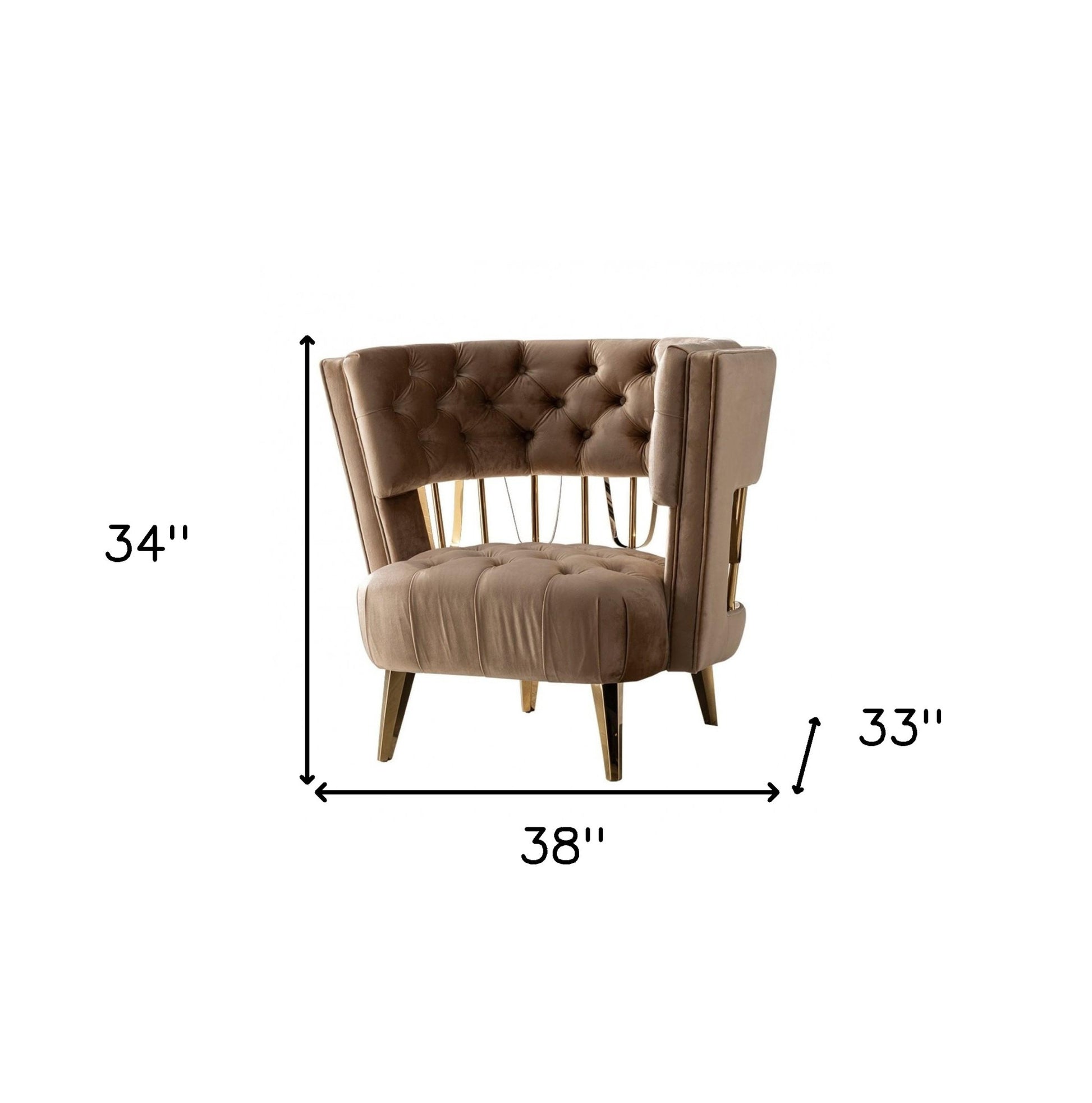 38" Dark Beige Velvet And Gold Exposed Back Accent Chair By Homeroots | Armchairs | Modishstore - 5