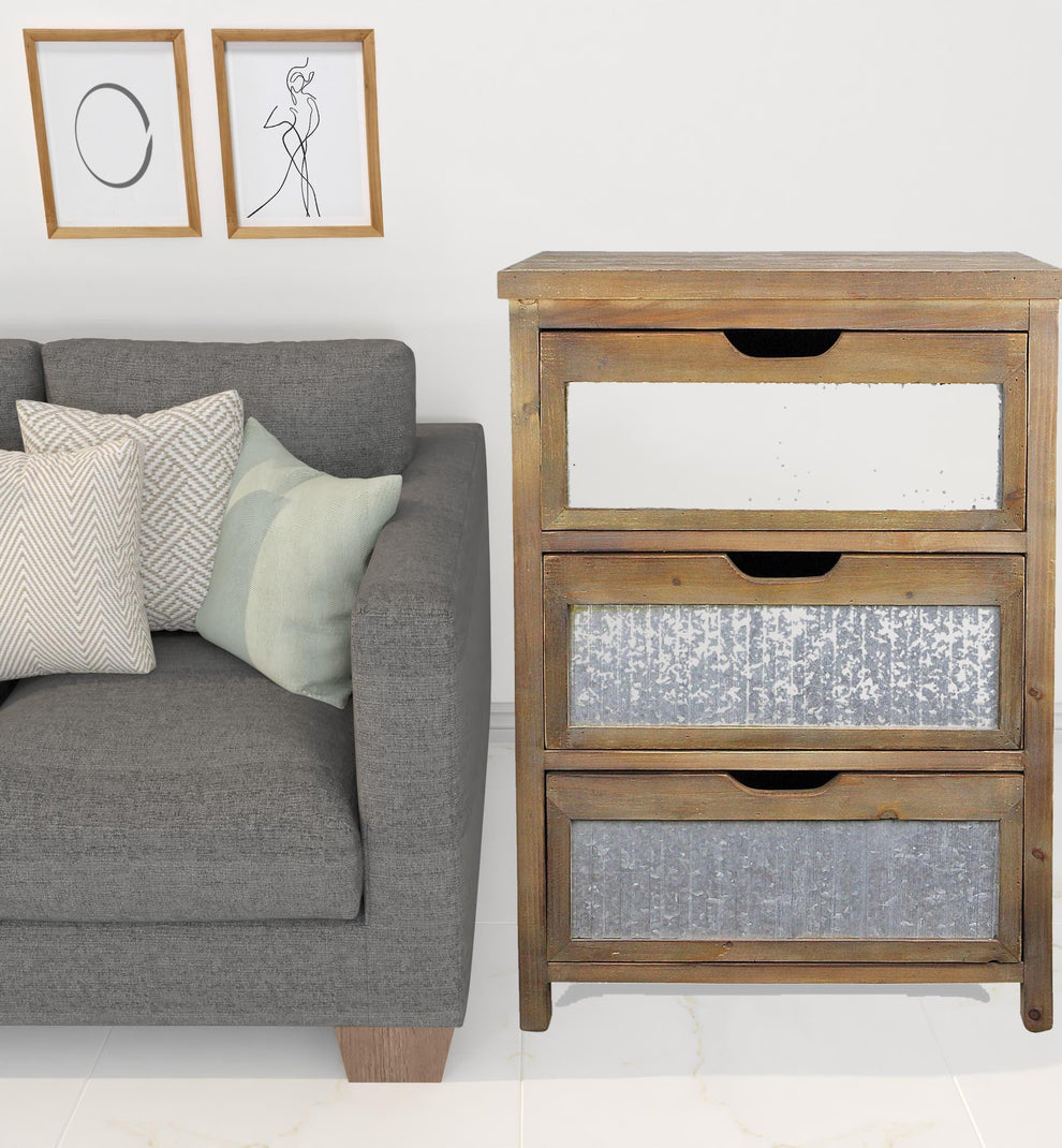 30" Rustic Brown Wood and Galvanized Metal End Table With Three Drawers By Homeroots | End Tables | Modishstore - 5