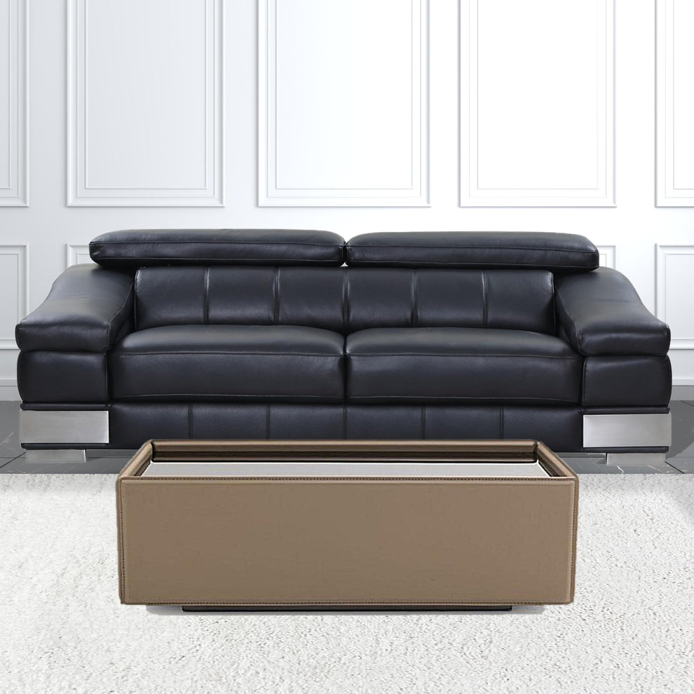 44" Beige And Black Faux Leather and Glass Rectangular Coffee Table By Homeroots | Coffee Tables | Modishstore - 2
