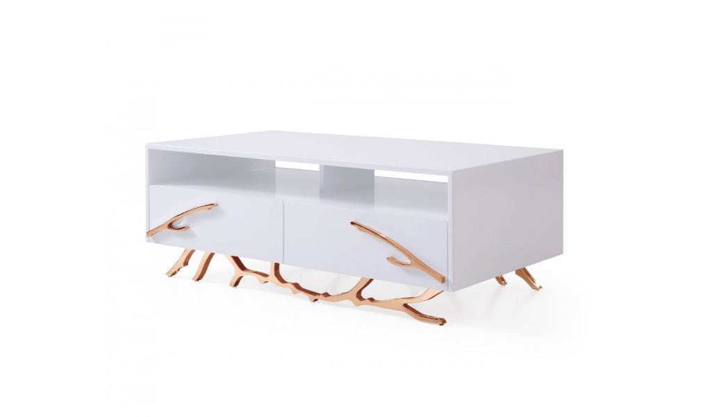 51" Rosegold And White Rectangular Coffee Table With Two Drawers And Two Shelves By Homeroots | Coffee Tables | Modishstore