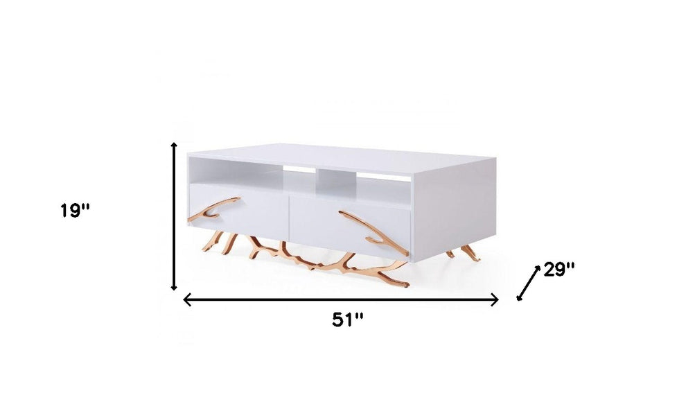 51" Rosegold And White Rectangular Coffee Table With Two Drawers And Two Shelves By Homeroots | Coffee Tables | Modishstore - 5