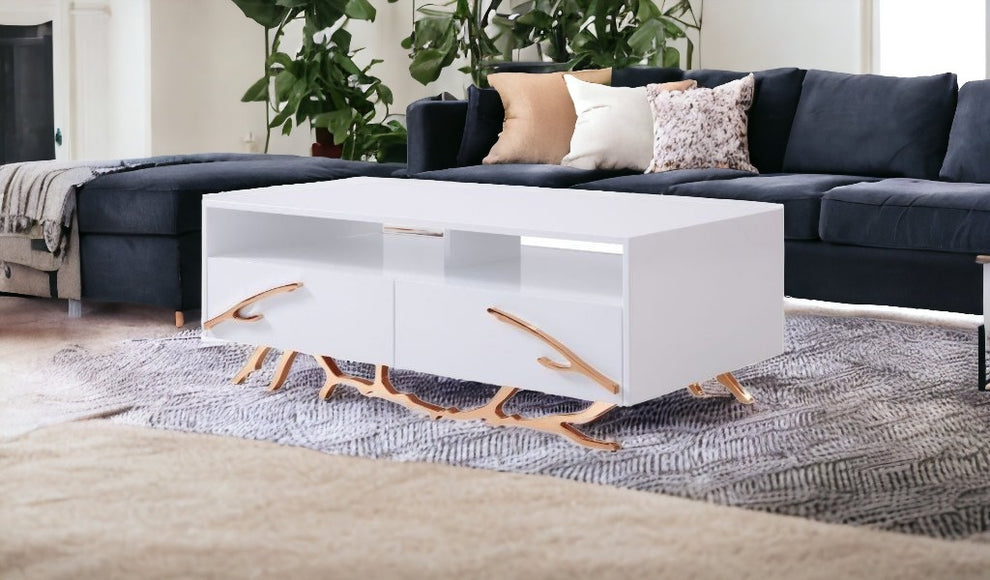51" Rosegold And White Rectangular Coffee Table With Two Drawers And Two Shelves By Homeroots | Coffee Tables | Modishstore - 4